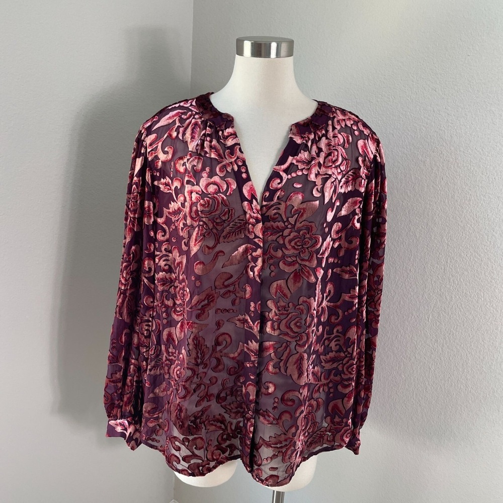 CHICOS Womens Plus 20 Velvet Burnout Blouson Sleeve Blouse Floral Split Neck Top